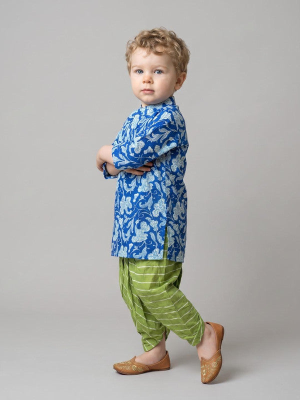 Boys Blue Floral Print Kurta with Green Dhoti Pants Set ILBKS59