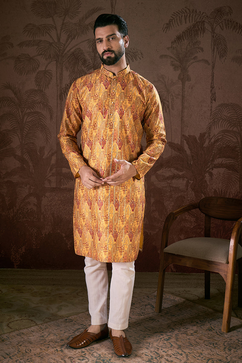 Mustard Silk Blend Ethnic Motifs Printed Straight Kurta MKU1925