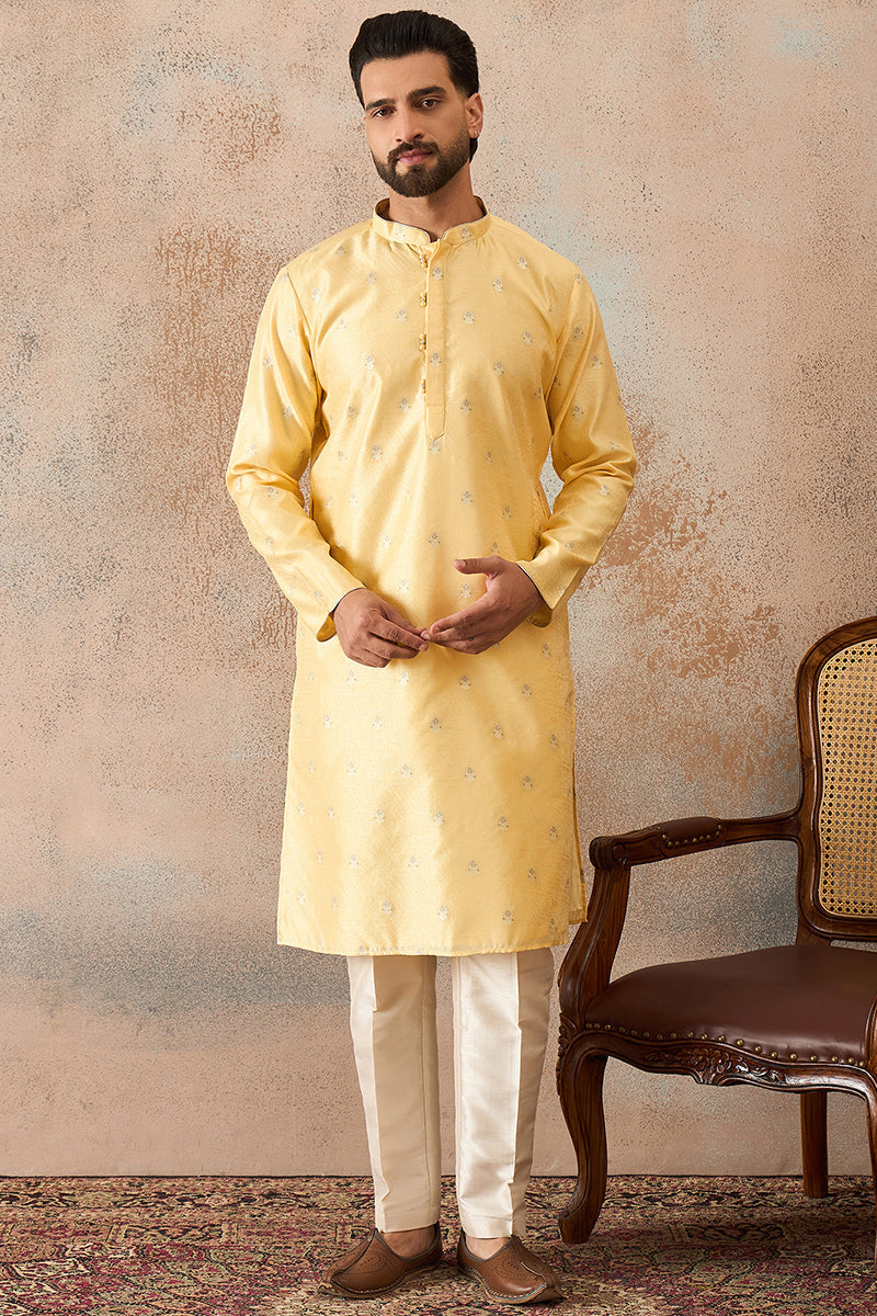 Mens Yellow Silk Blend Floral Straight Kurta MKU2216