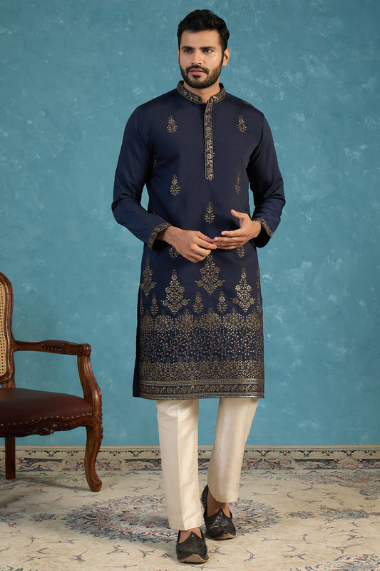 Men Blue Silk Blend Embroidered Straight Kurta Sets MKSET2122