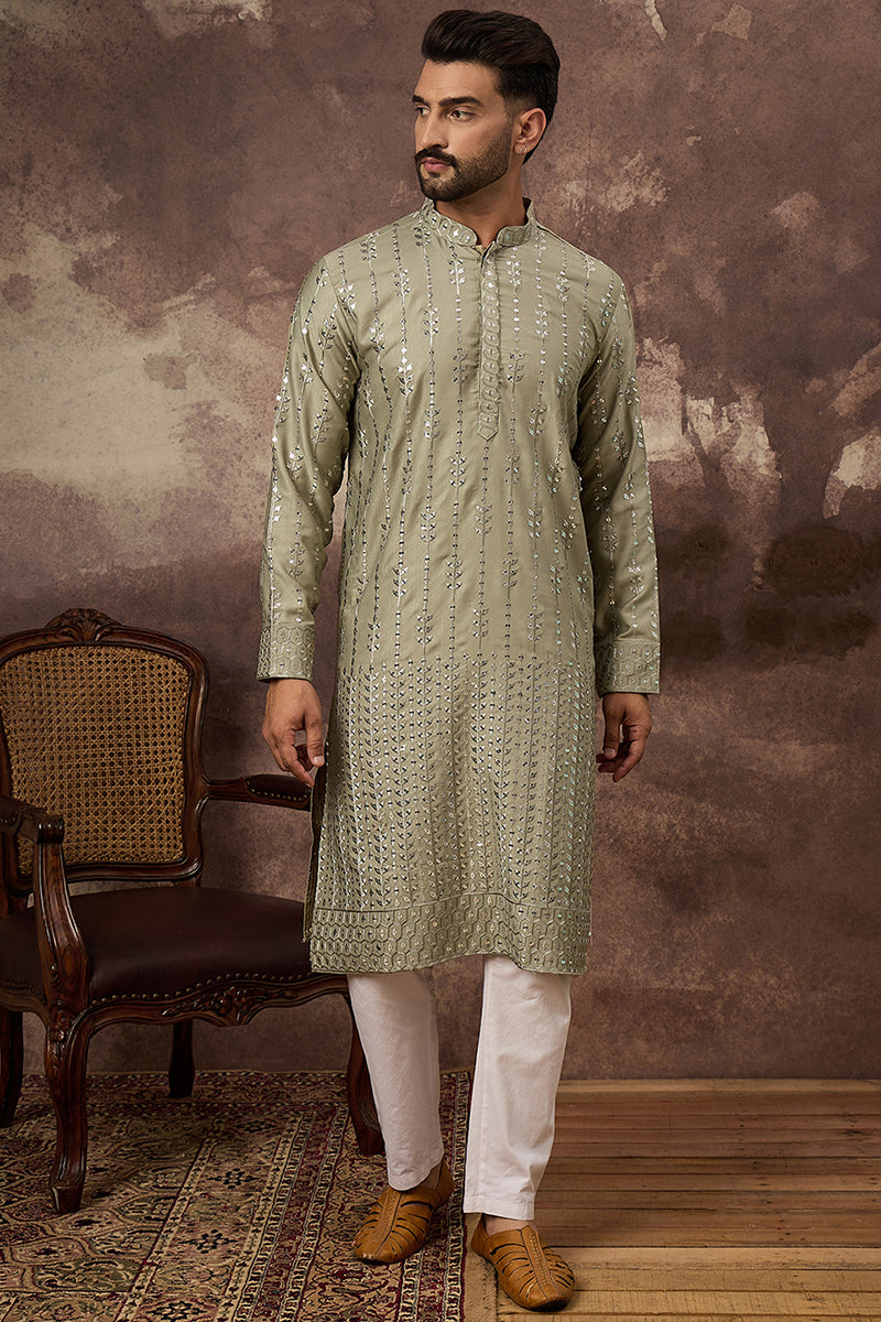 Green Silk Blend Solid Embroidered Straight Kurta With Pant Set MKSET1356
