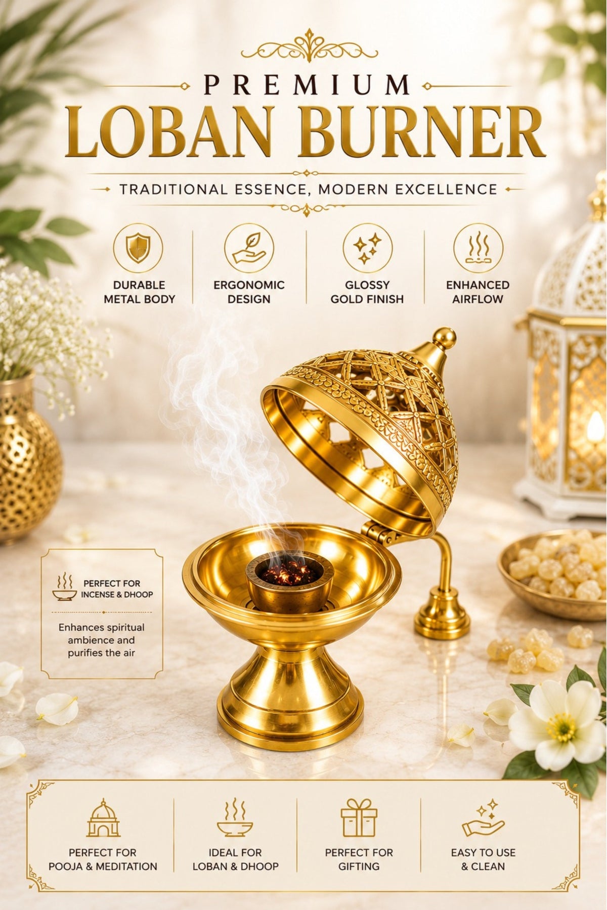 premium brass loban burner with handle handcrafted brass dhoop dani for loban sambrani cups bakhoor resin incense dhoop hinged lid pooja incense burner for home temple meditation gifting