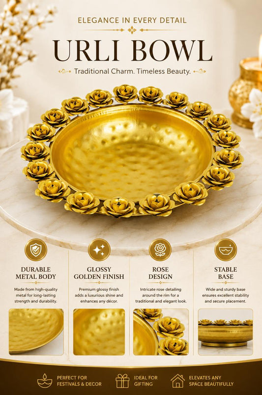 premium metal urli bowl with rose diya holders decorative floating flower urli for water candles tea lights traditional pooja urli for diwali home decor wedding festive decoration