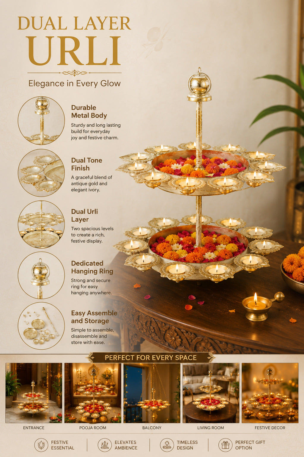 premium dual layer urli bowl with 24 tea light holders decorative metal floating flower stand antique gold ivory finish for diwali pooja weddings festivals home decor