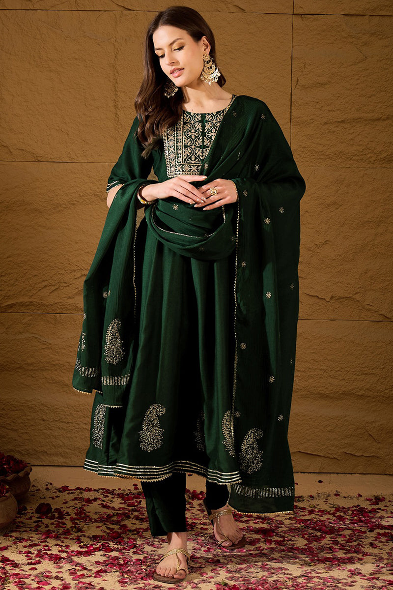 green cotton embroidered anarkali suit set