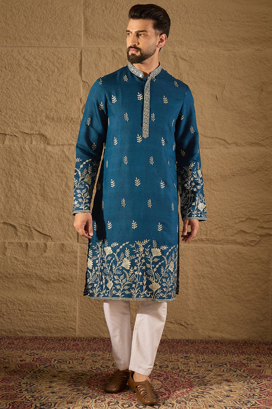 blue chanderi silk solid embroidered straight kurta with trouser
