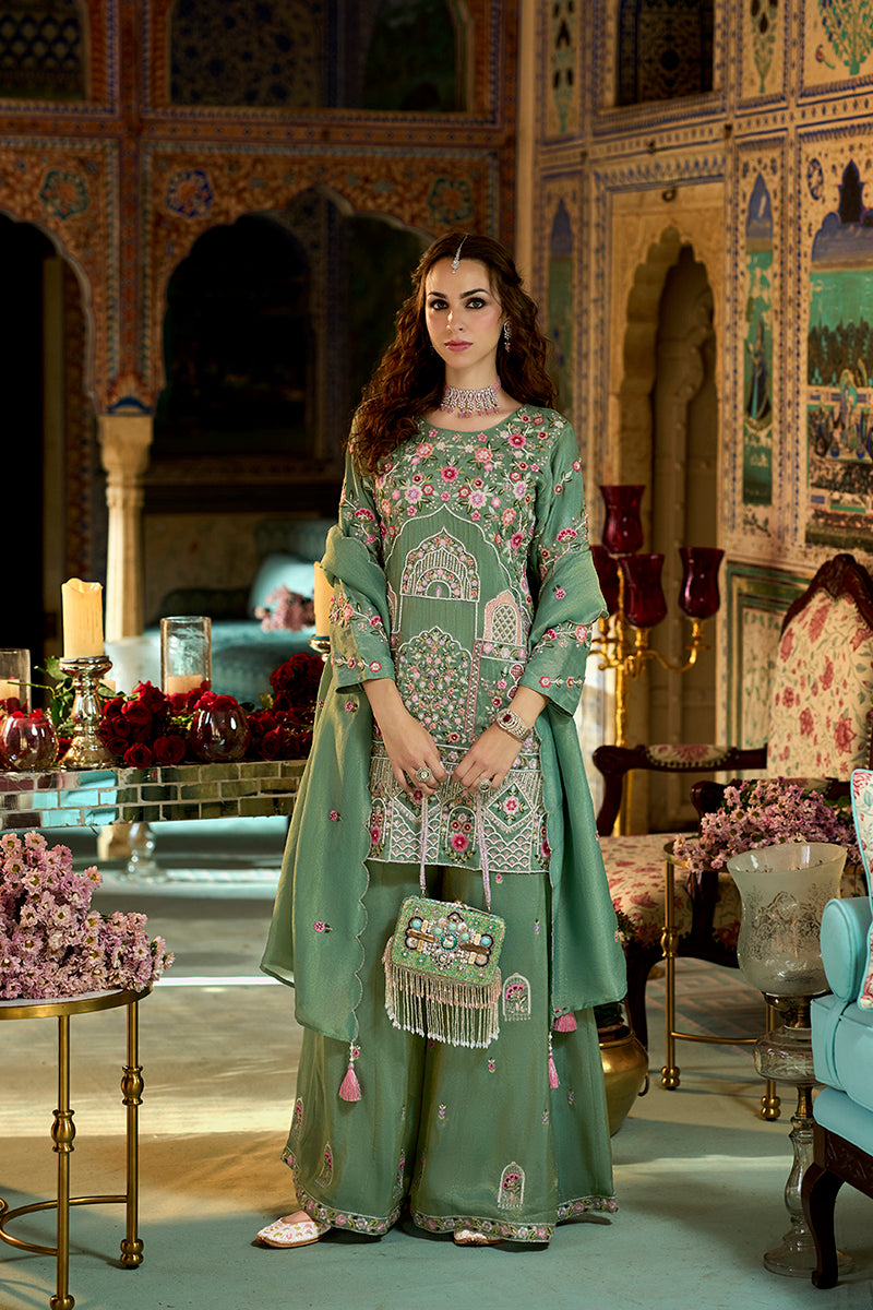 green solid embroidered straight kurta palaazo with dupatta pkskd3004