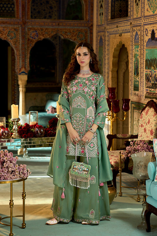 green solid embroidered straight kurta palaazo with dupatta pkskd3004
