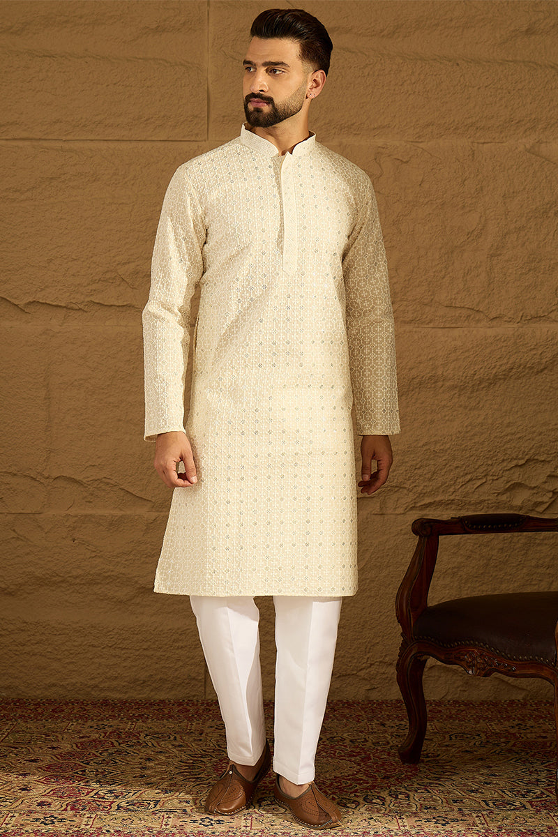 off white cotton solid printed straight kurta with trouser