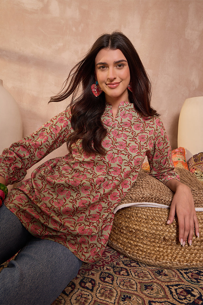 green cotton floral printed top 