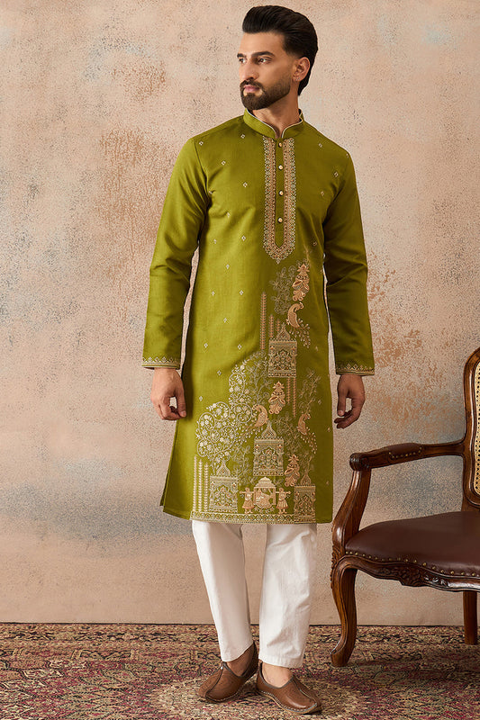 Mens Green Viscose Rayon Solid Emboidered Straight Kurta MKU2208