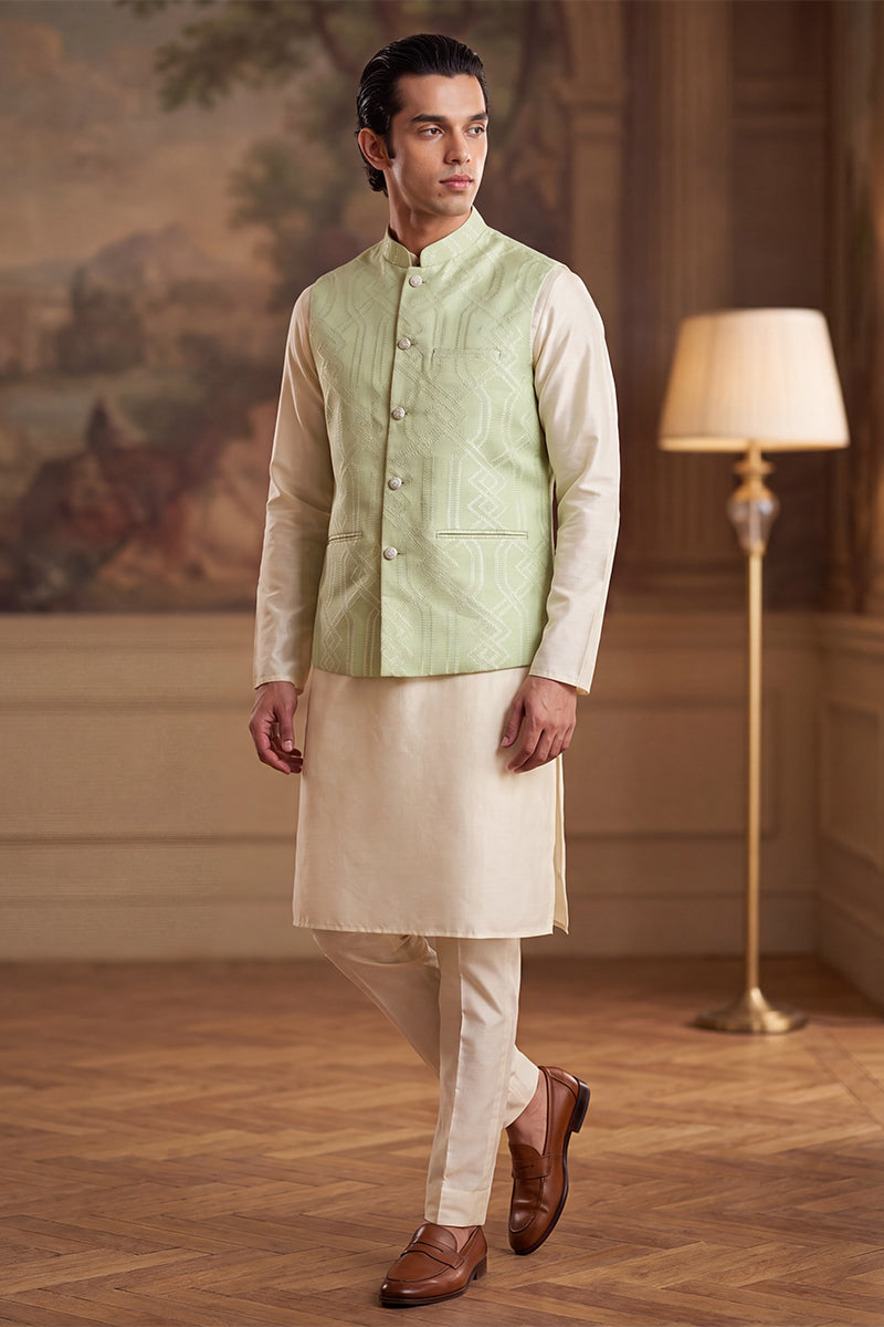 Mens Green Jacquard Woven Design Solid Koti MKOT1039