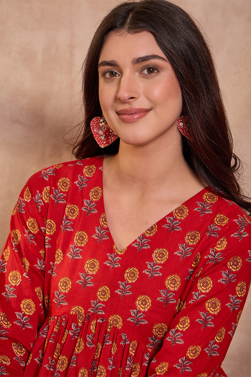 red cotton blend floral printed top