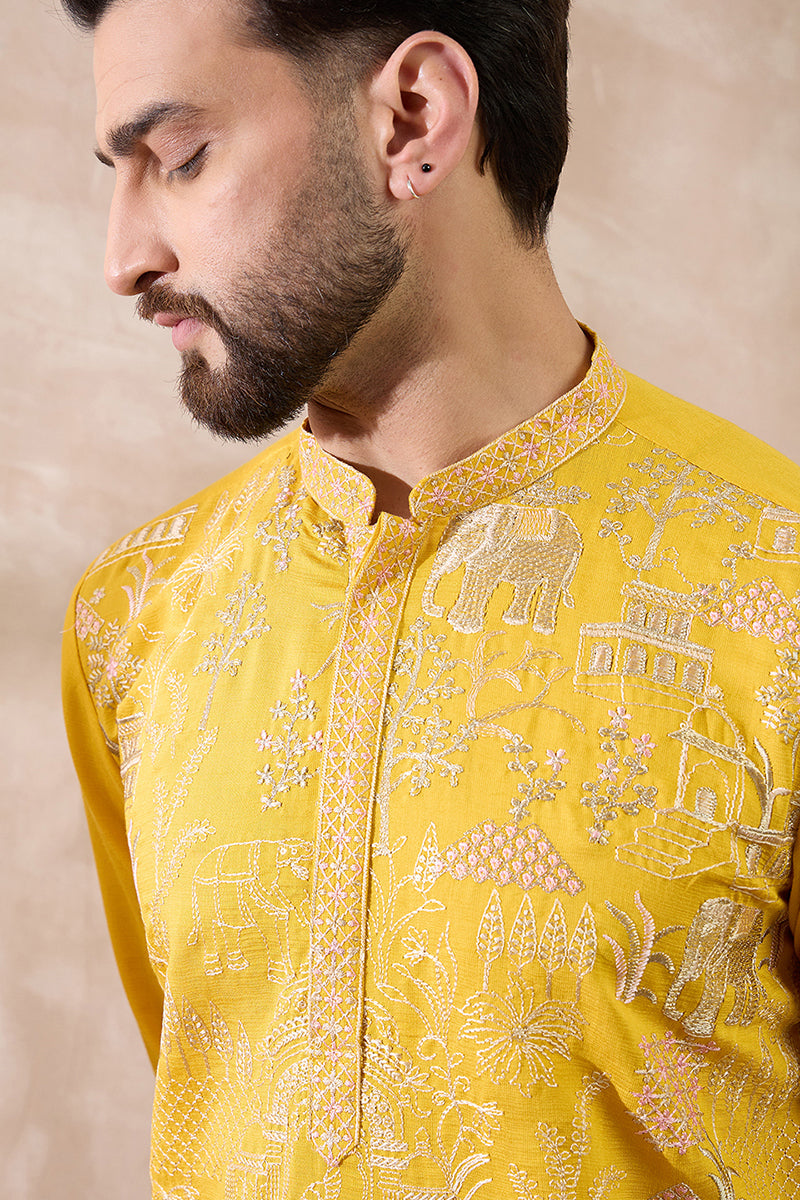 Yellow Silk Blend Embroidered Mandarin Collar Straight Kurta MKU2053