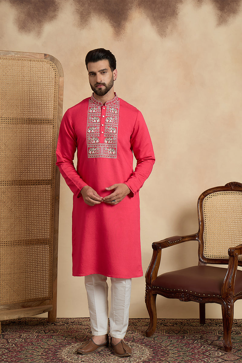 Mens Pink Viscose Rayon Solid Embroidered Thread Work Kurta MKU2459