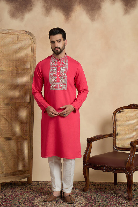 Mens Pink Viscose Rayon Solid Embroidered Thread Work Kurta MKU2459