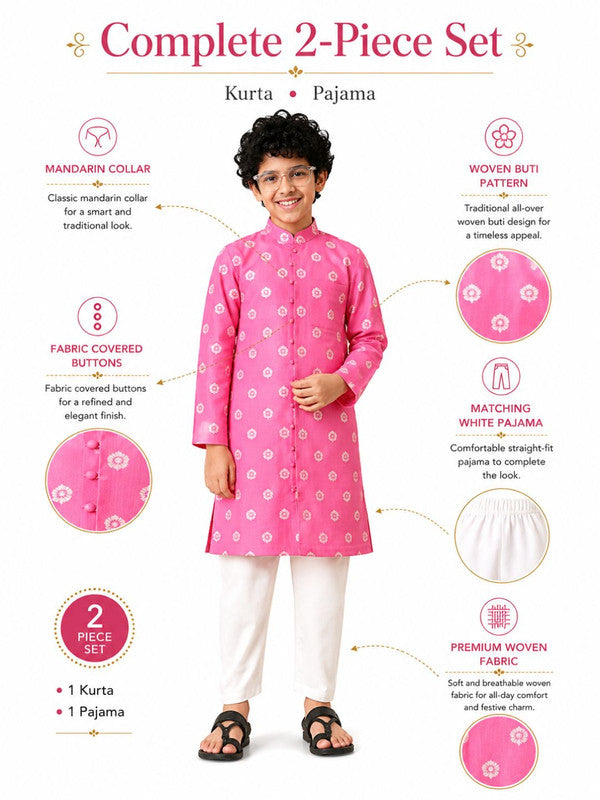 Indi Loom Couture Boys Pink Jacquard Royal  Kurta with White Pant Set ILBKS52