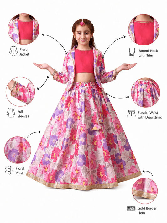 Indi Loom Couture Girls Pink Floral Printed Crop Top with Jacket & Flared Skirt Co Ord Set ILLCJ47