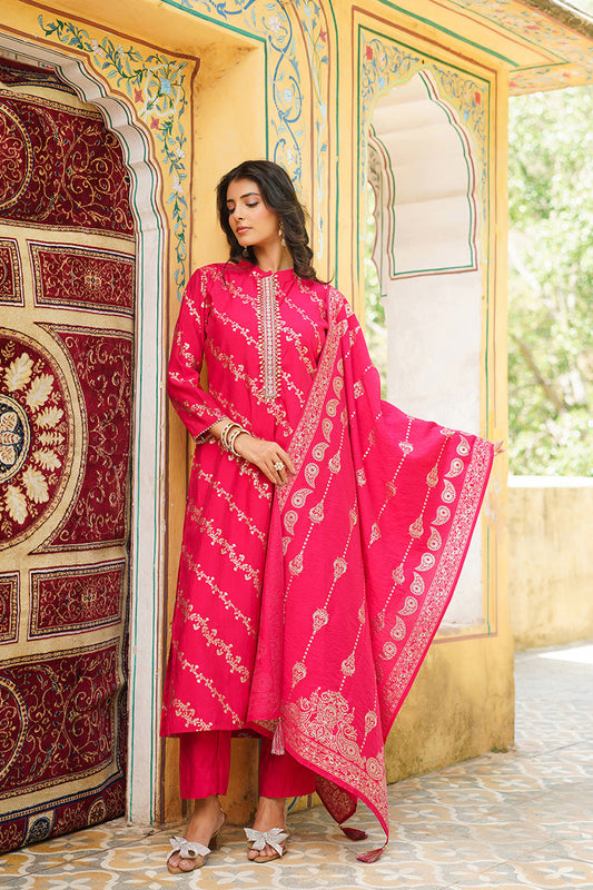 pink silk blend floral printed straight kurta trousers with dupatta
