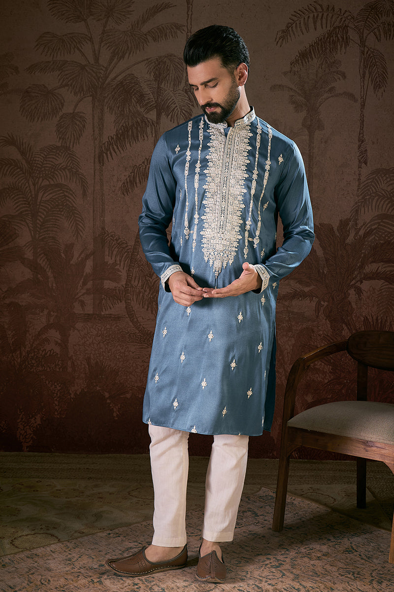 Blue Silk Blend Solid Embroidered Straight Kurta With Trouser MKSET1881