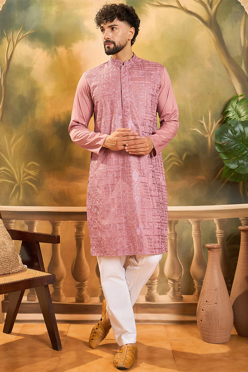 mauve silk blend solid embroidered straight kurta