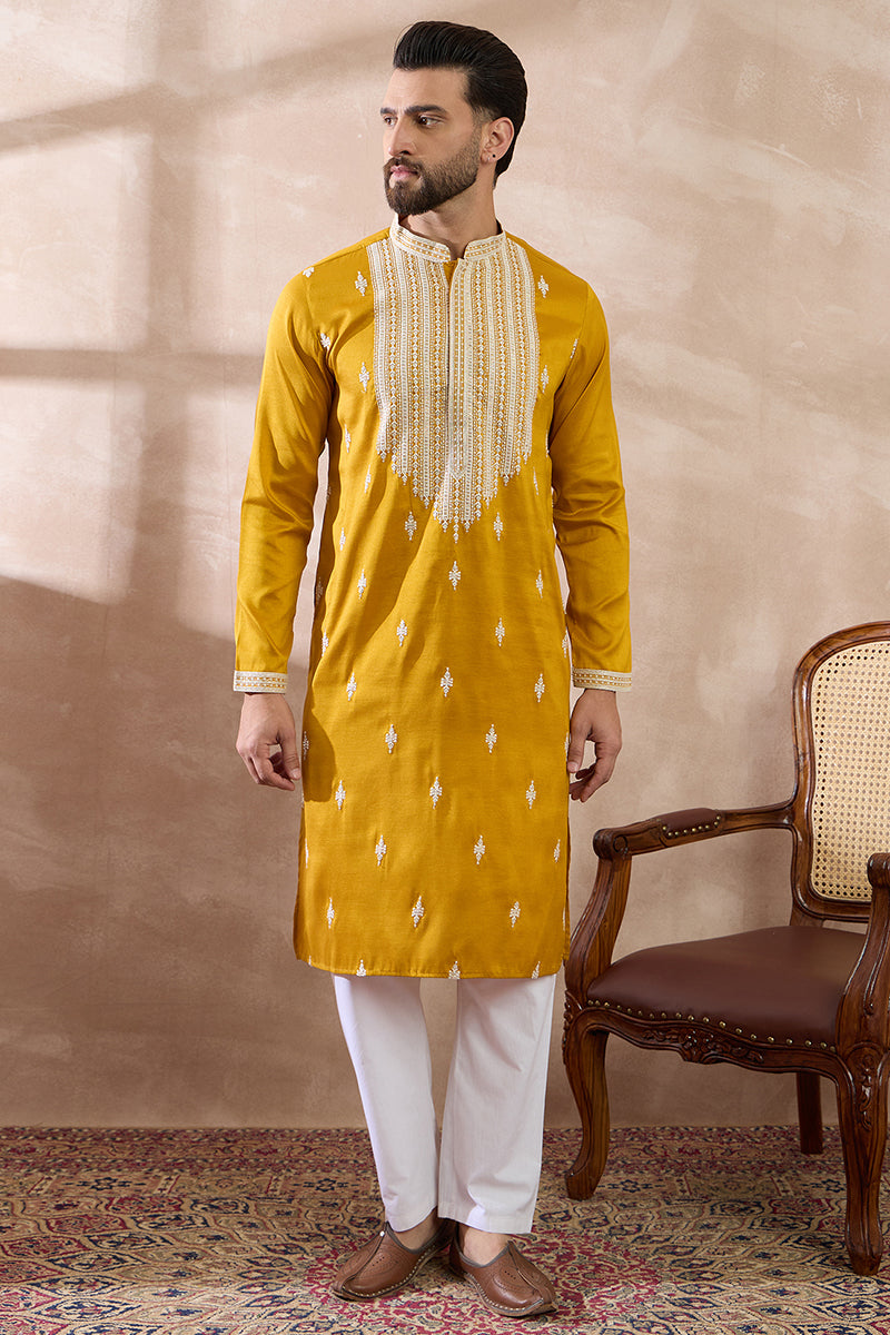 Yellow Silk Blend Embroidered Mandarin Collar Straight Kurta MKU1794