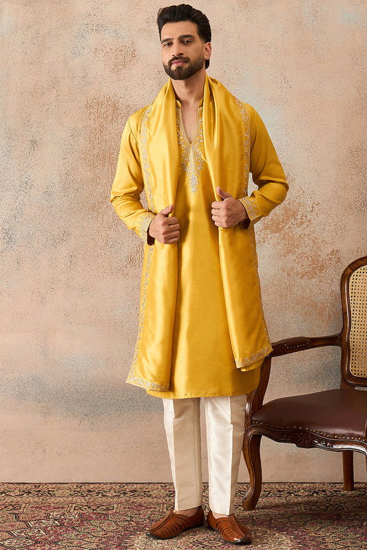 Mens Yellow Silk Blend Solid Embroidered Kurta With Dupatta MKUD1022