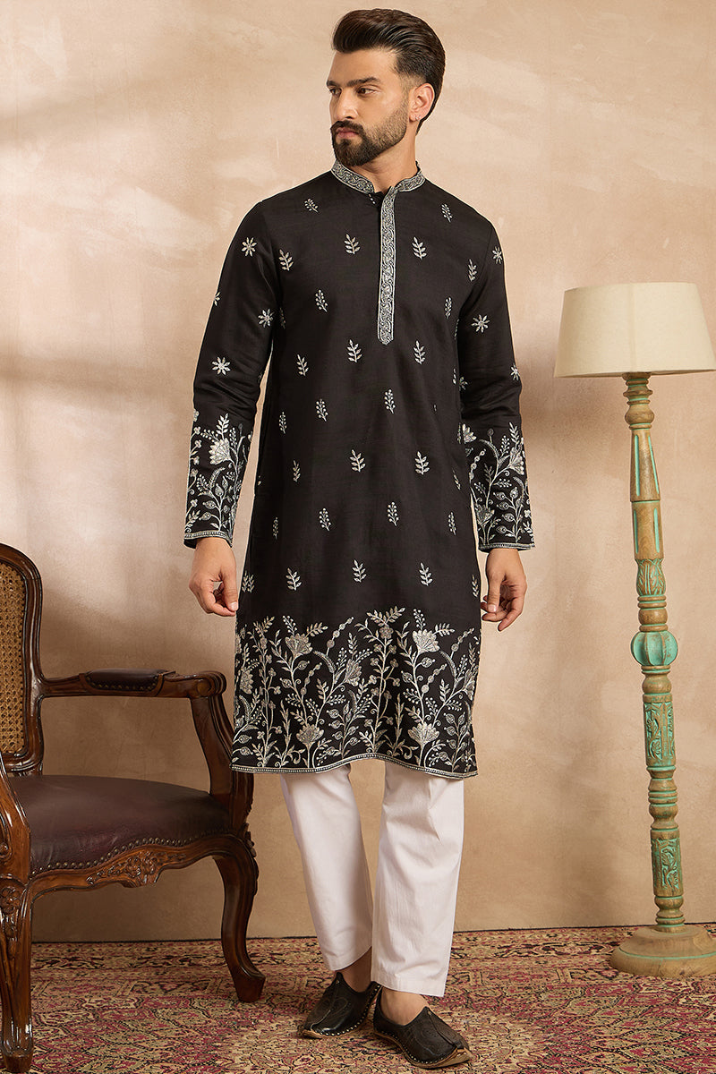 Black Silk Blend Solid Embroidered Straight Kurta With Trouser MKSET1782