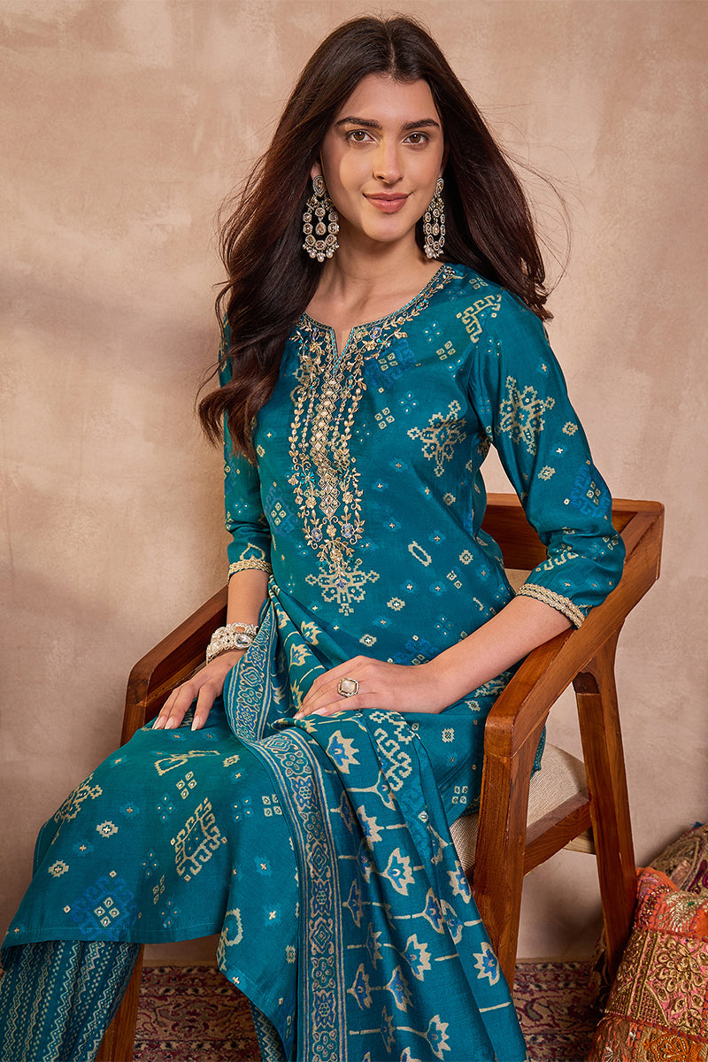 silk blend ethnic motifs printed blue kurta and trousers with dupatta pkskd3230