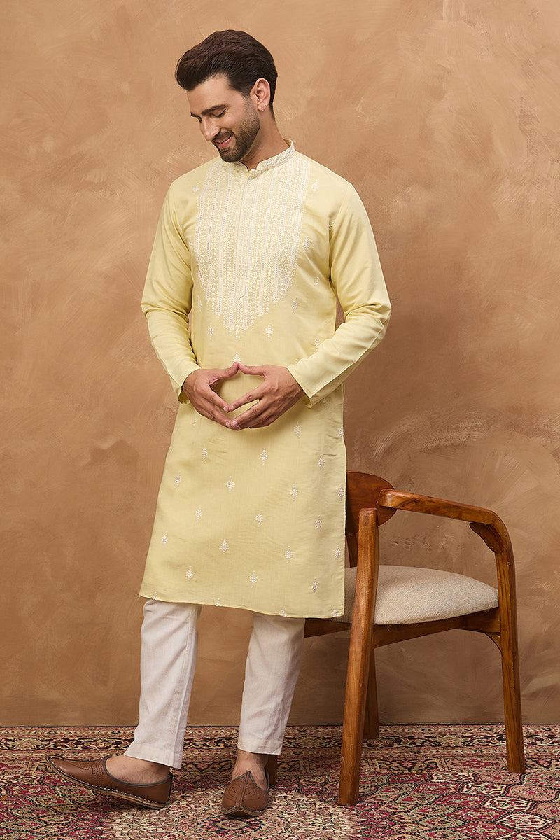Yellow Silk Blend Solid Embroidered Straight Kurta MKU1509