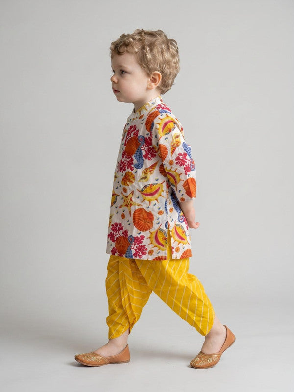 Boys White & Yellow Printed Kurta with Dhoti Pants ILBKS60