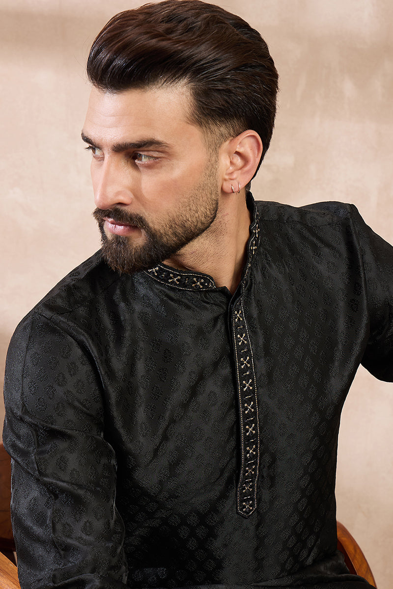 Black Silk Blend Solid Woven Design Straight Kurta MKU1854