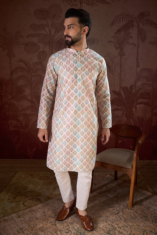 White Silk Blend Ethnic Motifs Printed Straight Kurta With Trouser MKSET1924