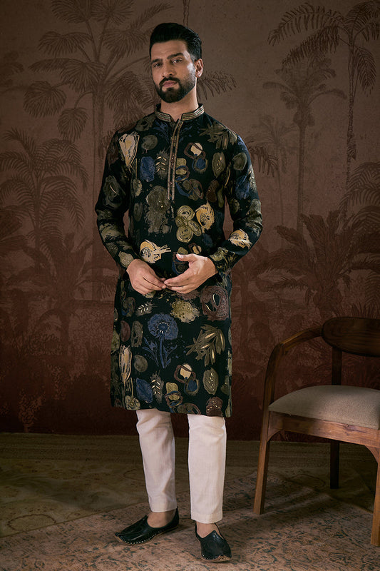 Black Silk Blend Floral Printed Straight Kurta With Trouser MKSET1960