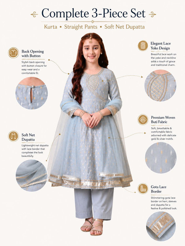 Indi Loom Couture Girls Blue Embellished Anarkali Kurta with Solid Pants & Dupatta Set ILKSD44