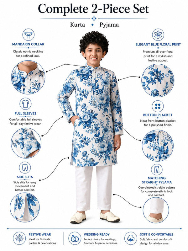 Indi Loom Couture Boys White & Blue Floral Printed Kurta with White Pant Set ILBKS58