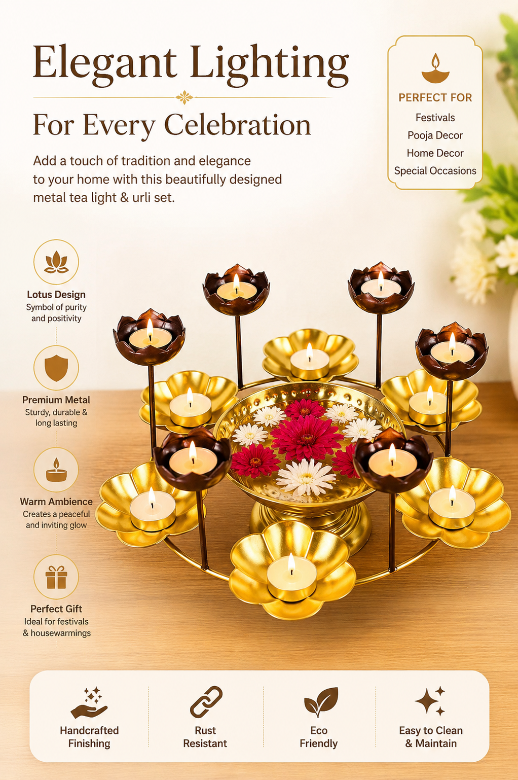 premium lotus urli bowl with elevated tea light holders decorative hammered metal floating flower bowl gold finish candle centerpiece for diwali pooja weddings festivals home decor