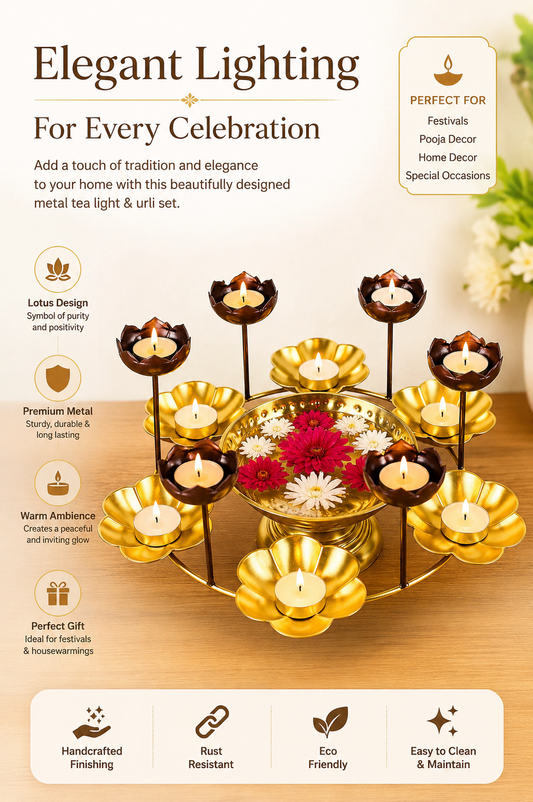premium lotus urli bowl with elevated tea light holders decorative hammered metal floating flower bowl gold finish candle centerpiece for diwali pooja weddings festivals home decor