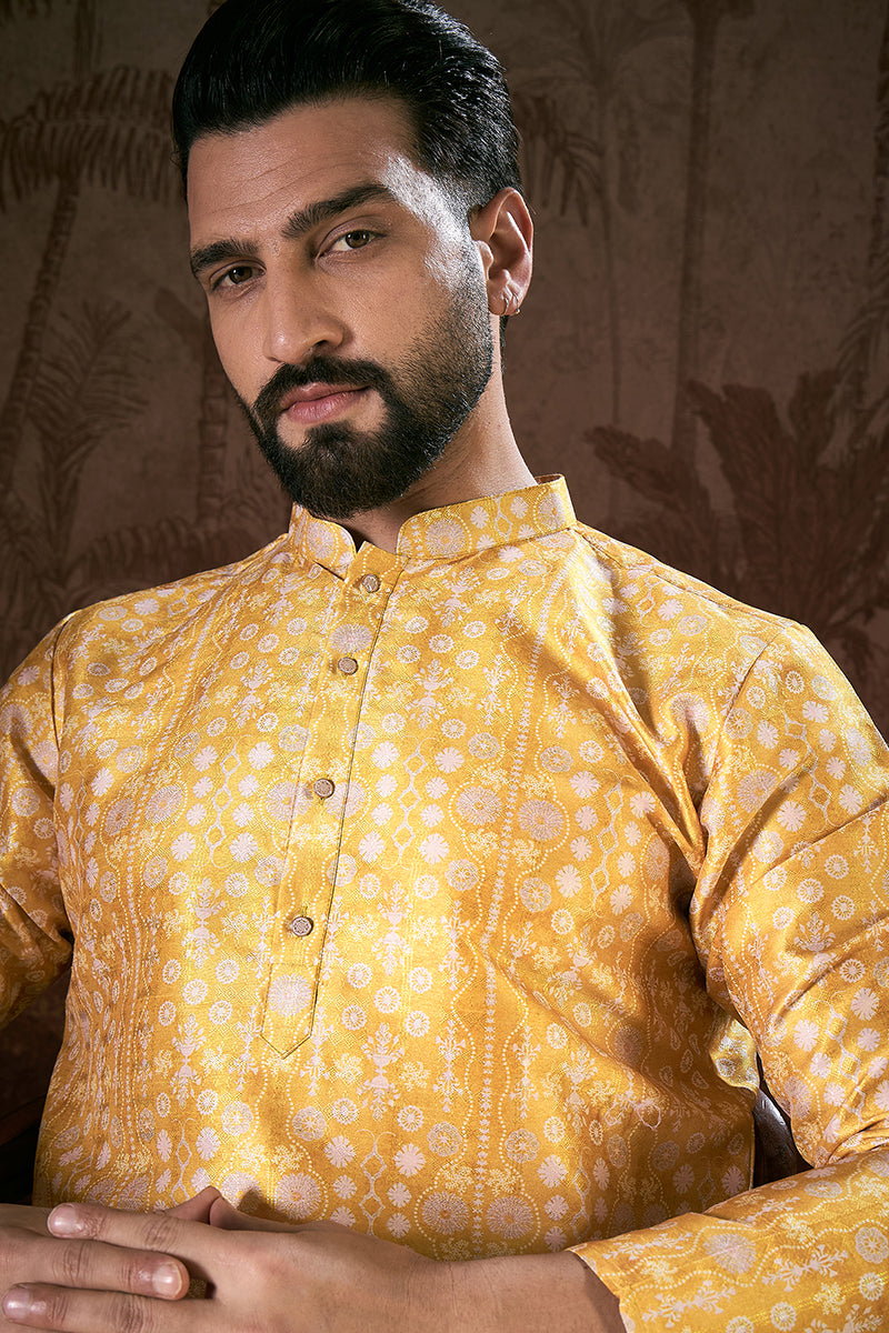 Yellow Silk Blend Floral Printed Straight Kurta MKU1948