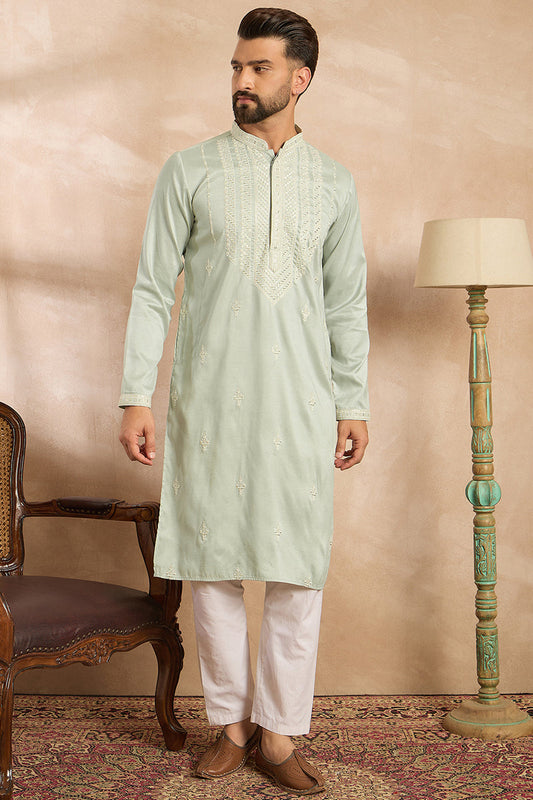 Green Silk Blend Geometric Embroidered Straight Kurta With Trouser MKSET1686
