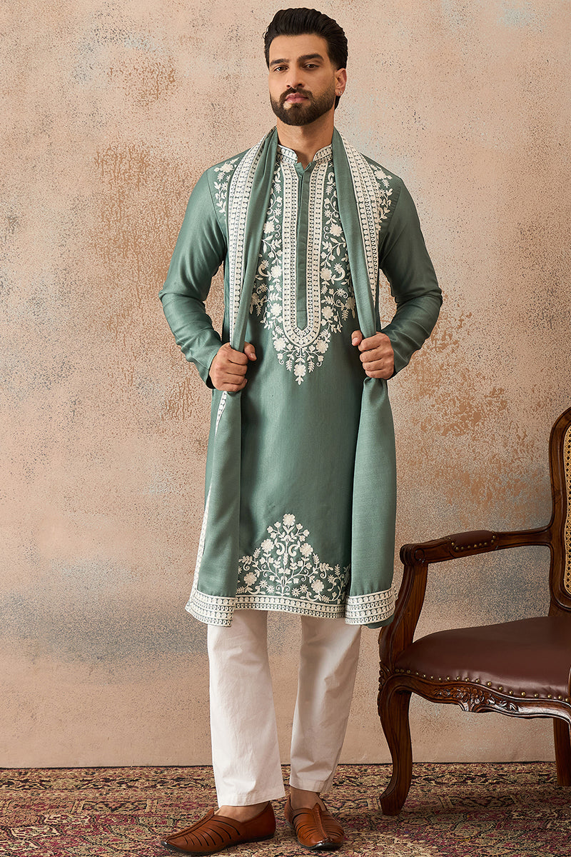 Mens Green Silk Blend Solid Embroidered Kurta Trouser With Dupatta MKPD1040