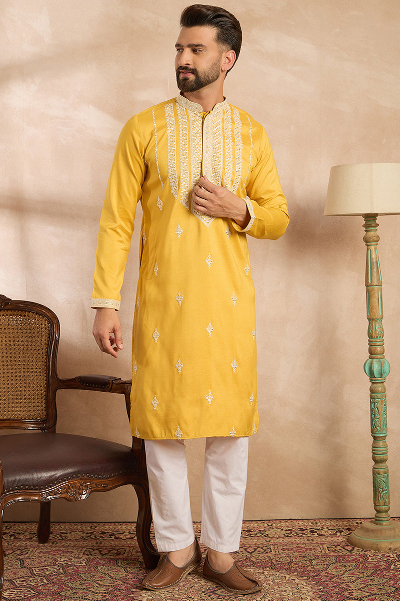 Yellow Silk Blend Geometric Embroidered Straight Kurta With Trouser MKSET1685