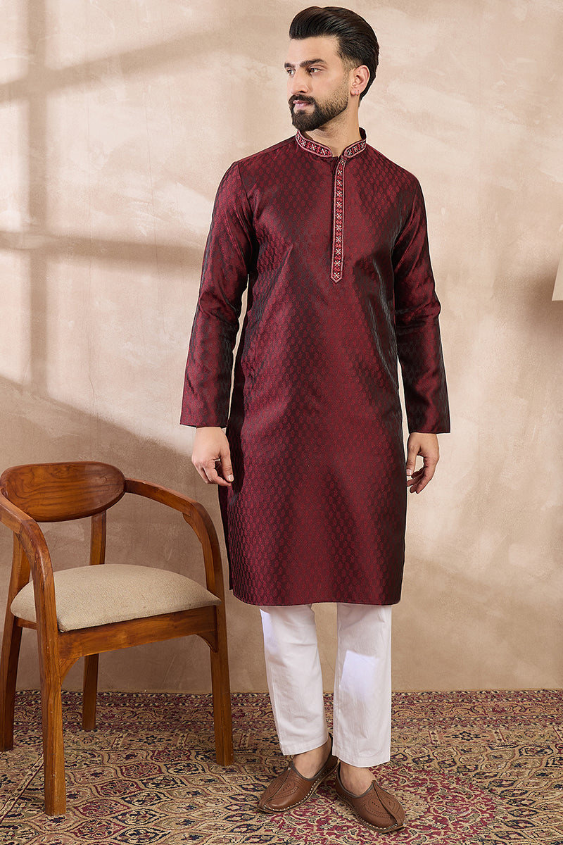 Maroon Silk Blend Solid Woven Design Straight Kurta MKU1896
