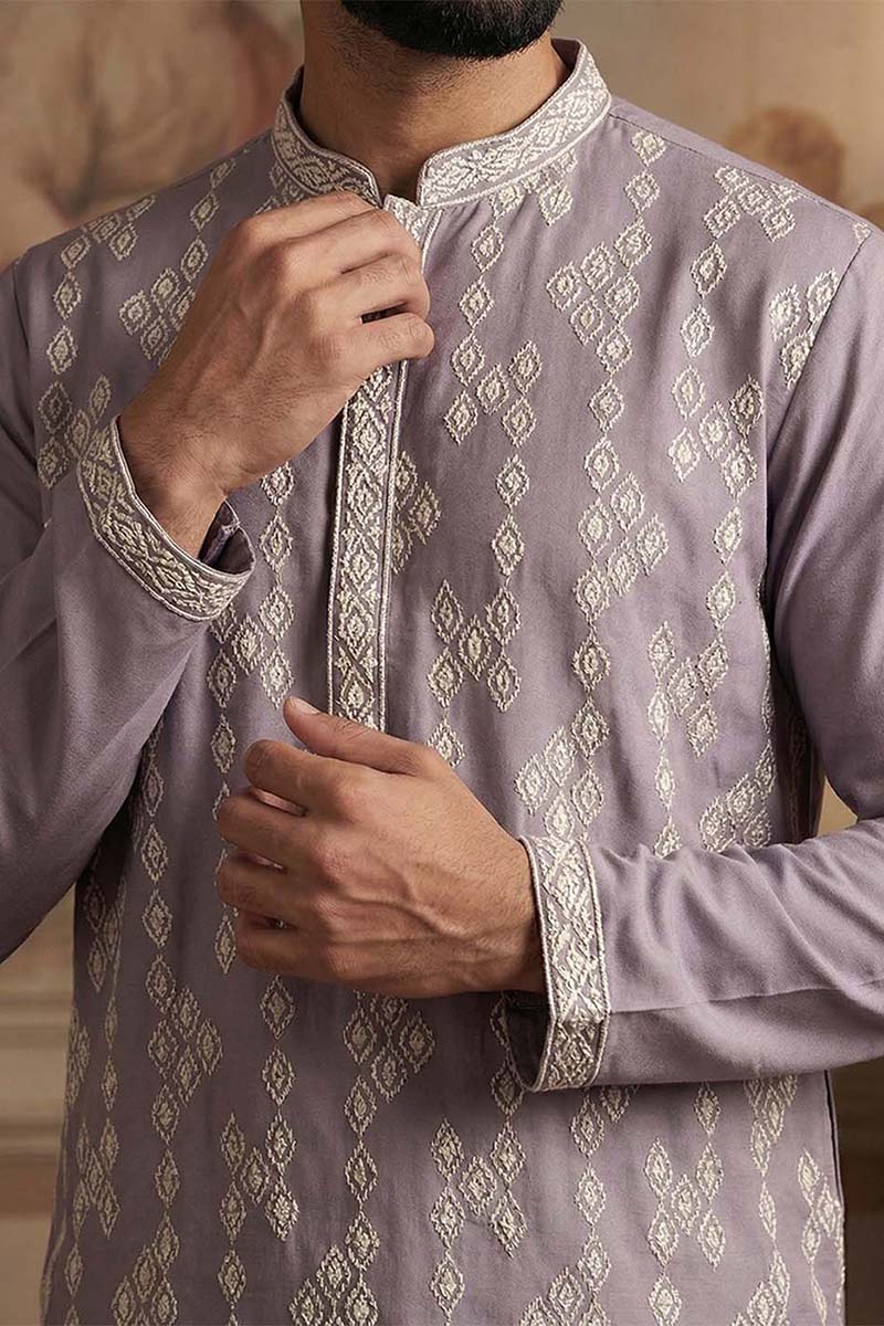 Silk Blend Lavender Solid Embroidered Calf Length Straight Kurta With Trousers MKSET2090