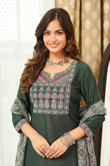 green rayon blend ajrakh printed straight kurta trousers with dupatta 