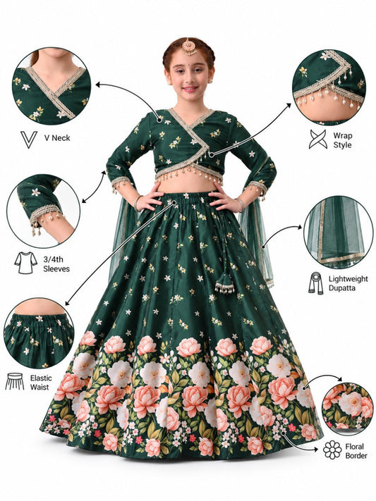 Indi Loom Couture Girls Dark Green Floral Printed Lehenga Choli with Net Dupatta ILLCD37