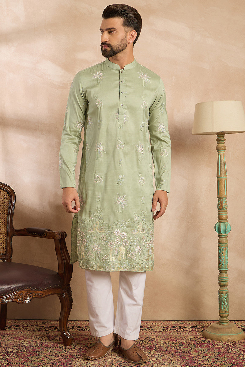 Olive Silk Blend Solid Embroidered Straight Kurta With Trouser MKSET1682