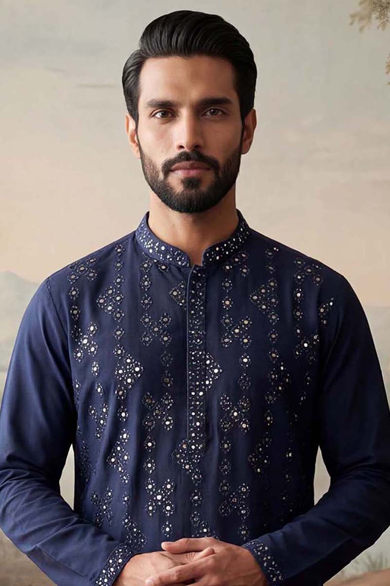 Mens Blue Silk Blend Solid Embroidered Kurta With Trousers MKSET2075