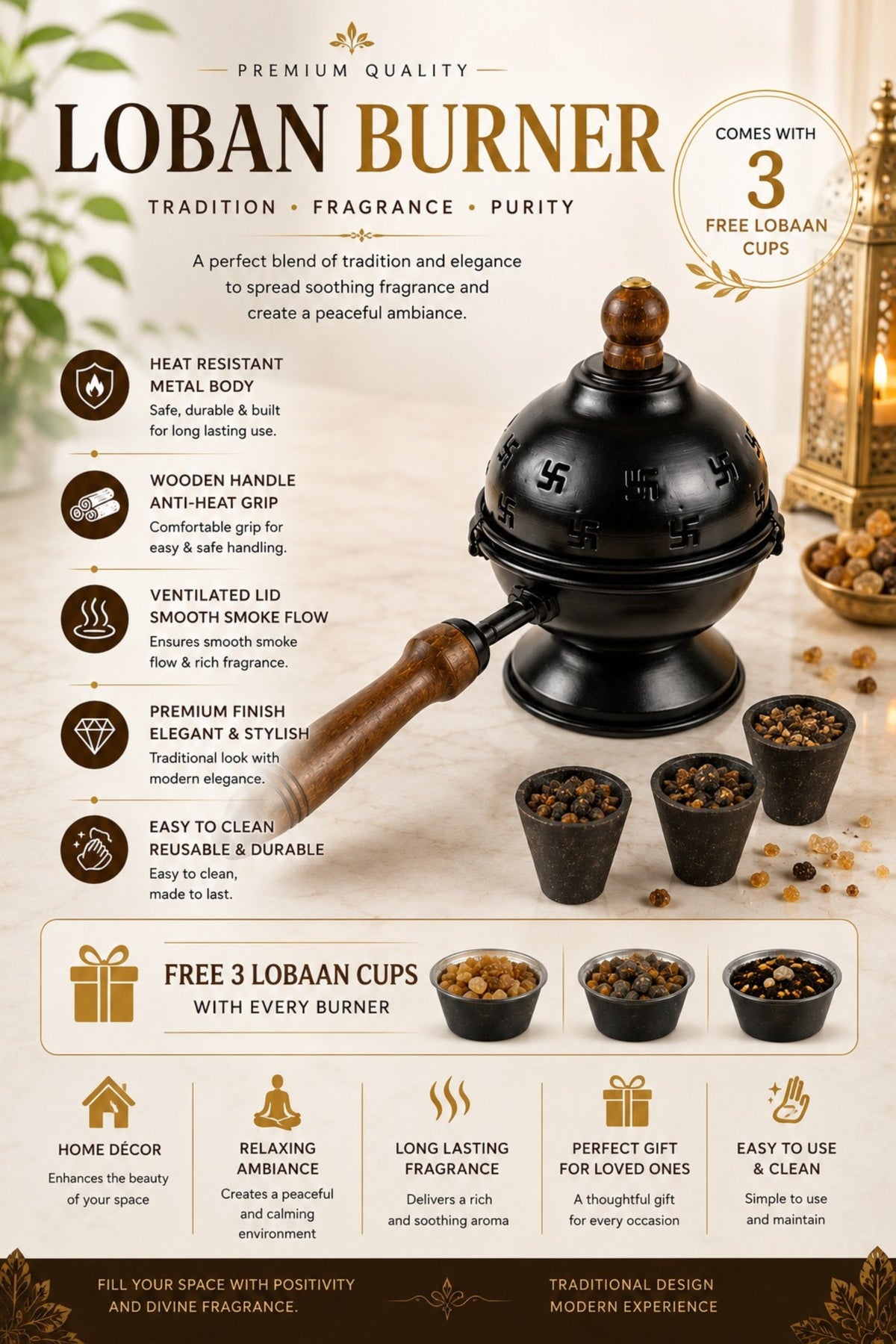 premium metal loban burner with wooden handle 3 free loban cups heat resistant incense burner for loban dhoop sambrani cups bakhoor camphor home temple meditation pooja decor