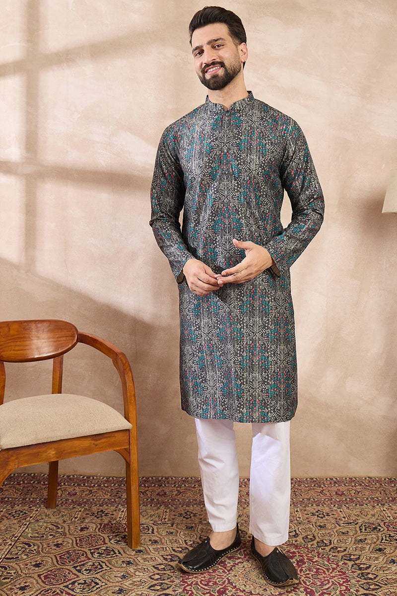 Black Silk Blend Floral Printed Straight Kurta MKU2015